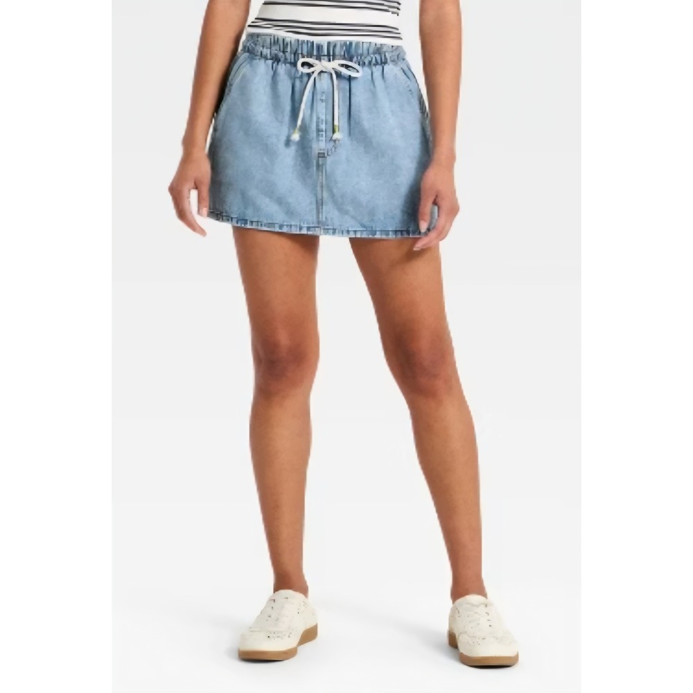 Universal Thread Womens XL Light Wash Denim Mini Skirt Elastic Drawstring Waist - Picture 3 of 8